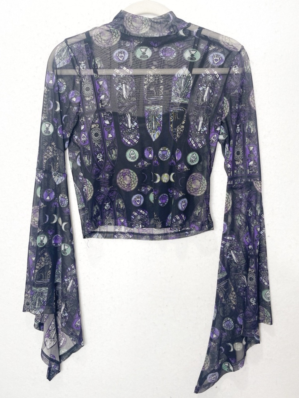 Cosmic Aura Stained Glass Sheer Mock Neck Top Black Cami Cathedral Moon Phases - Picture 5 of 10